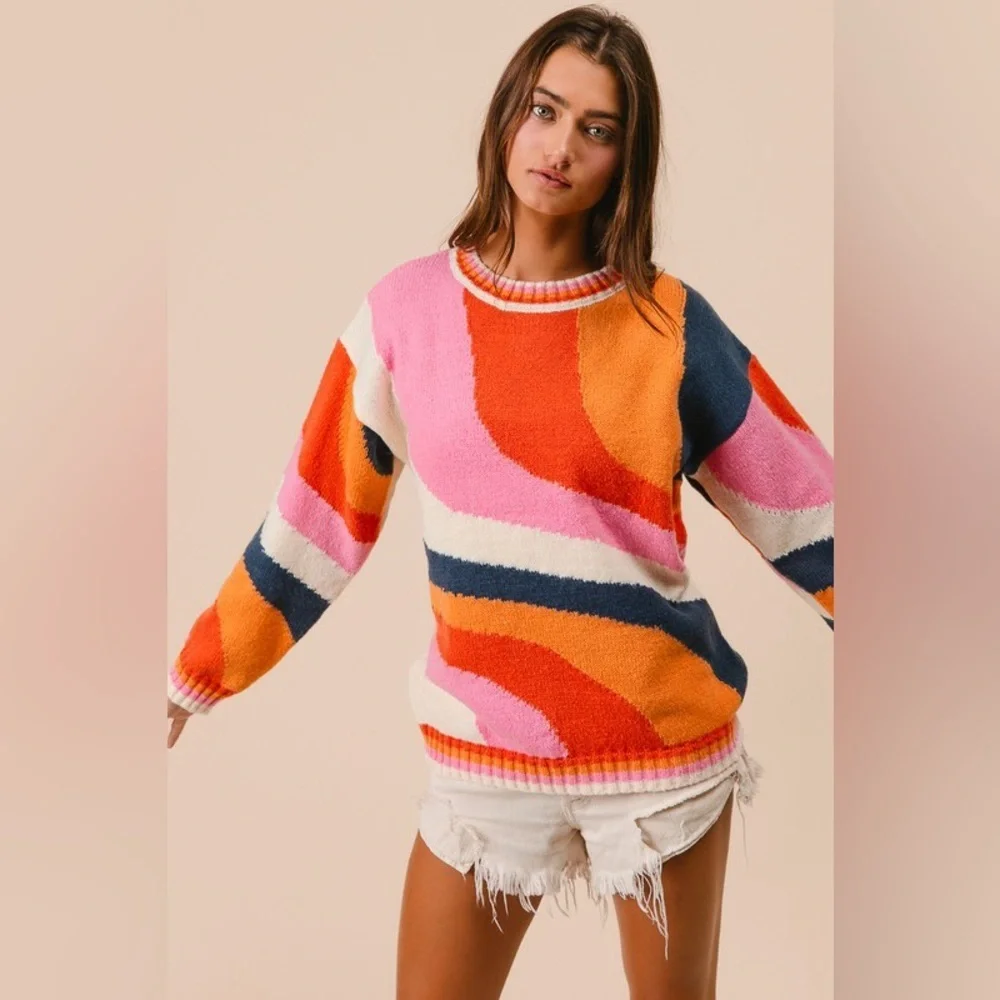 Multicolor pattern abstract knit ribbed boho bohemian vintage tunic top sweater - Picture 3 of 6